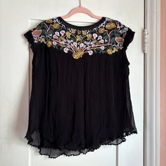 Seen Worn Kept Black Embroidered Sheer Blouse Women’s Small Boho Floral Festival - Picture 3 of 6